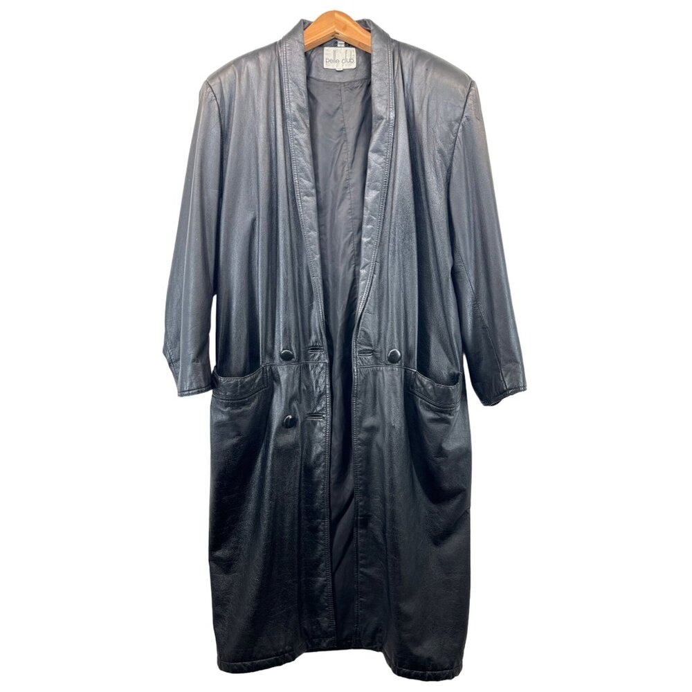 Vintage Pelle Club Womens Leather Coat Sz M Black Longline Midi Goth *Tiny Flaw